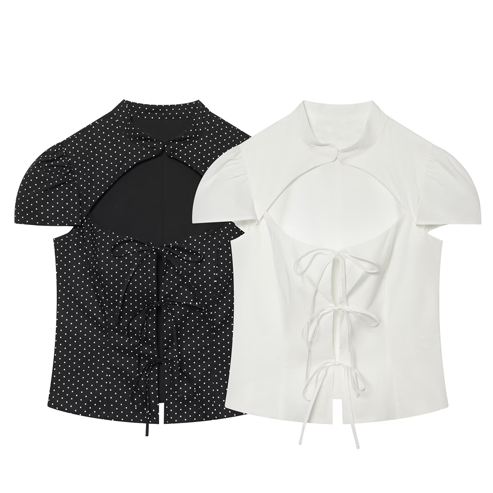 Women's bow decoration polka dot poplin shirt