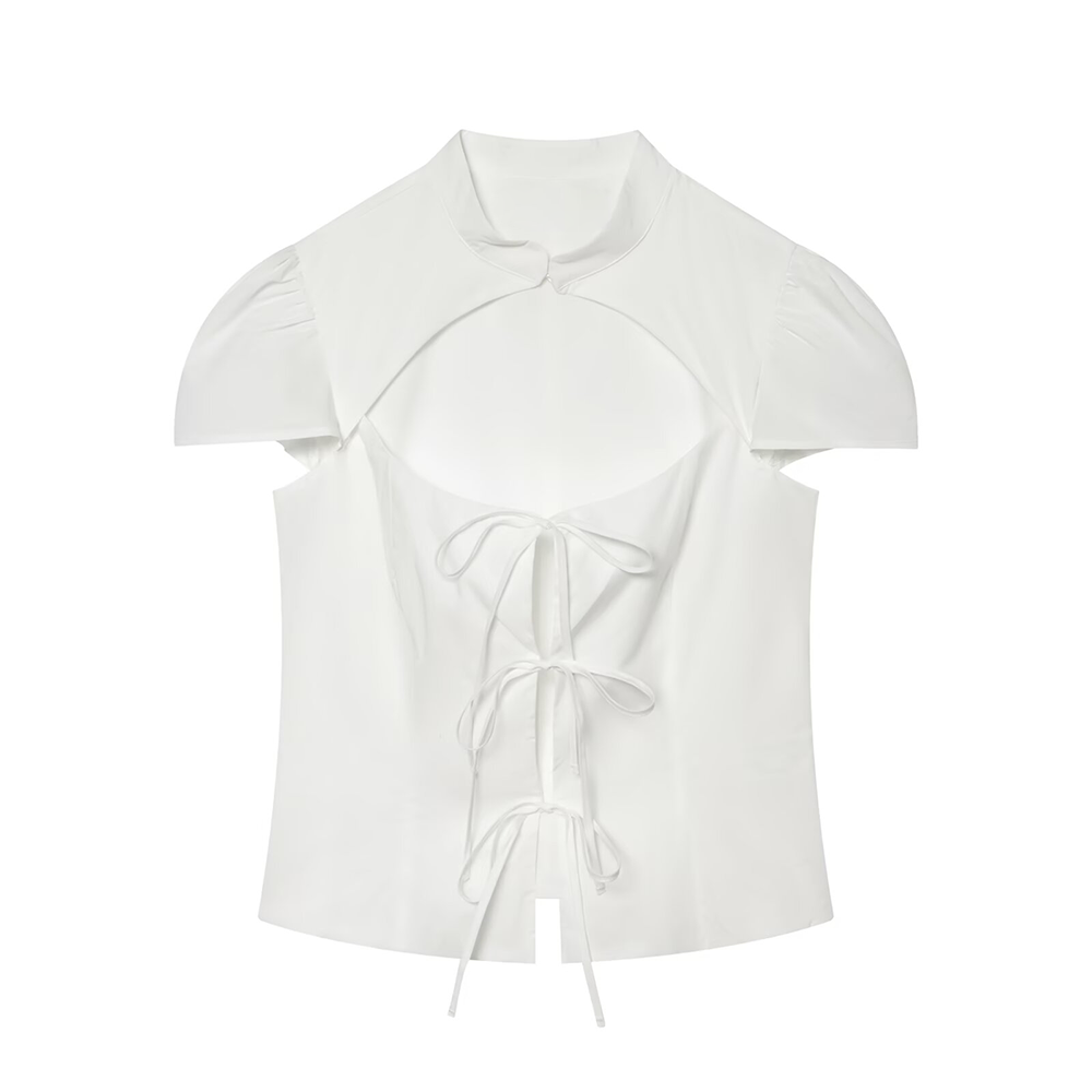 Women's bow decoration polka dot poplin shirt